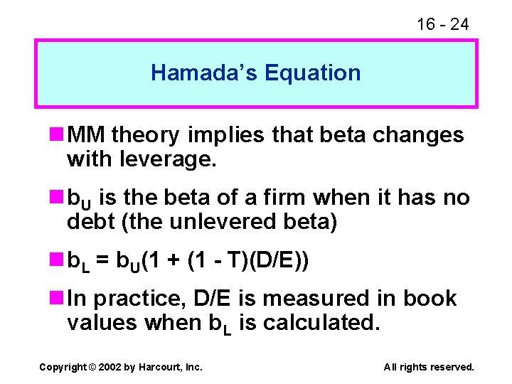16 - 24 Hamada’s Equation n MM theory implies that beta changes with leverage.