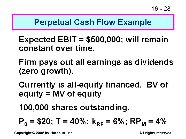 16 - 28 Perpetual Cash Flow Example Expected EBIT = $500, 000; will remain