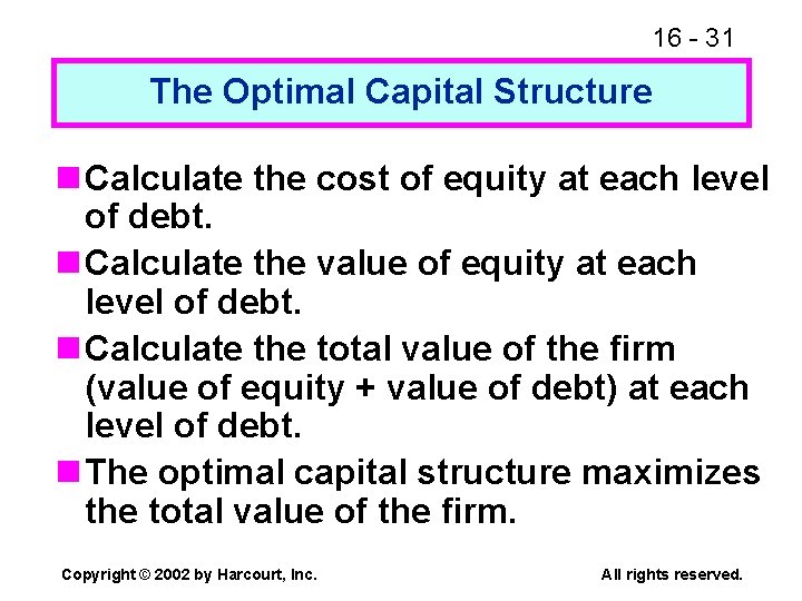 16 - 31 The Optimal Capital Structure n Calculate the cost of equity at