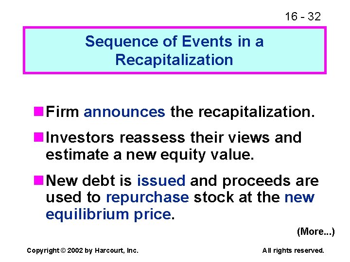 16 - 32 Sequence of Events in a Recapitalization n Firm announces the recapitalization.