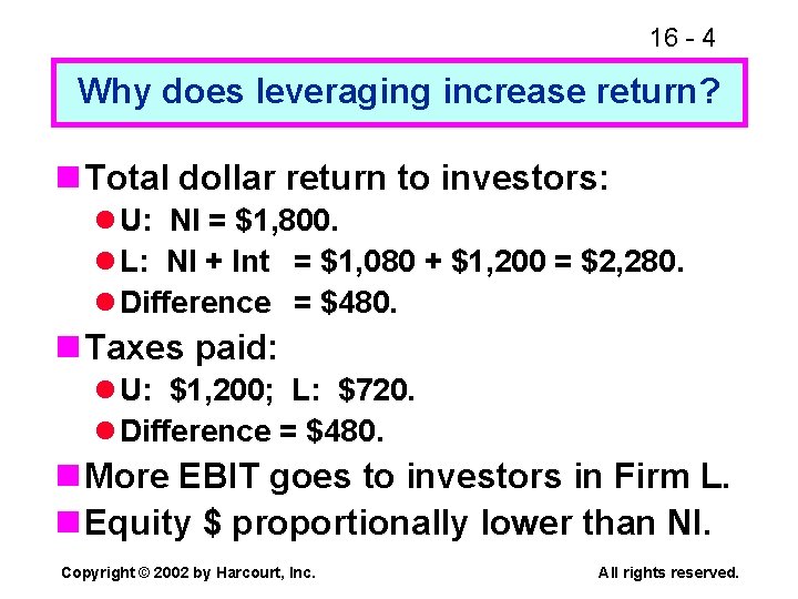 16 - 4 Why does leveraging increase return? n Total dollar return to investors: