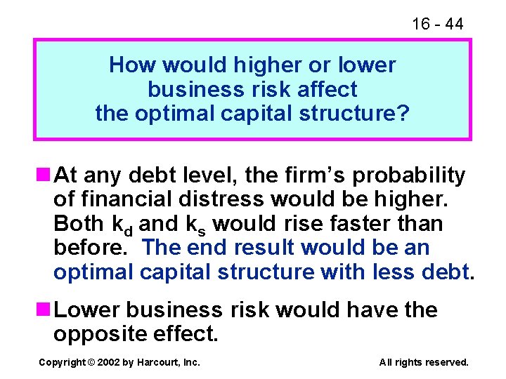 16 - 44 How would higher or lower business risk affect the optimal capital