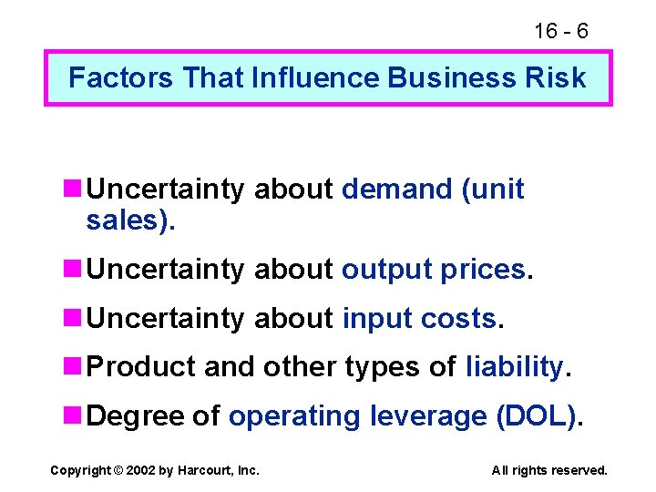 16 - 6 Factors That Influence Business Risk n Uncertainty about demand (unit sales).