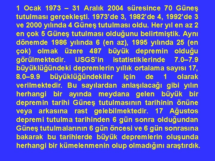 1 Ocak 1973 – 31 Aralık 2004 süresince 70 Güneş tutulması gerçekleşti. 1973’de 3,