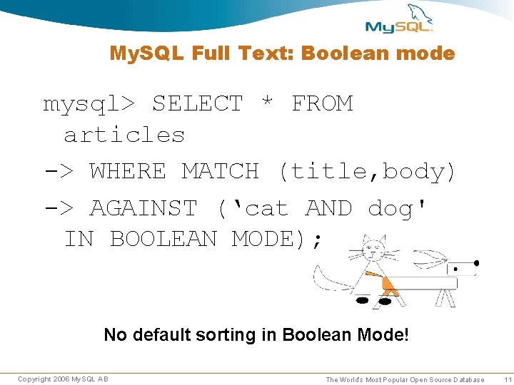 My. SQL Full Text: Boolean mode mysql> SELECT * FROM articles -> WHERE MATCH My. SQL Full Text: Boolean mode mysql> SELECT * FROM articles -> WHERE MATCH