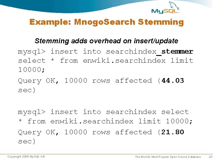 Example: Mnogo. Search Stemming adds overhead on insert/update mysql> insert into searchindex_stemmer select * Example: Mnogo. Search Stemming adds overhead on insert/update mysql> insert into searchindex_stemmer select *