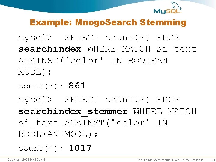 Example: Mnogo. Search Stemming mysql> SELECT count(*) FROM searchindex WHERE MATCH si_text AGAINST('color' IN Example: Mnogo. Search Stemming mysql> SELECT count(*) FROM searchindex WHERE MATCH si_text AGAINST('color' IN
