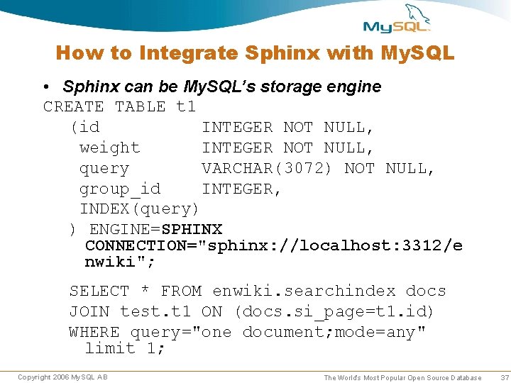 How to Integrate Sphinx with My. SQL • Sphinx can be My. SQL’s storage How to Integrate Sphinx with My. SQL • Sphinx can be My. SQL’s storage