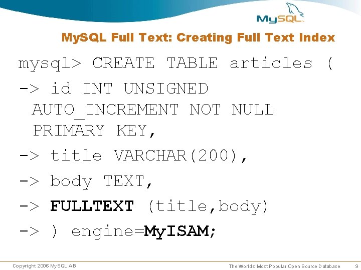 My. SQL Full Text: Creating Full Text Index mysql> CREATE TABLE articles ( -> My. SQL Full Text: Creating Full Text Index mysql> CREATE TABLE articles ( ->