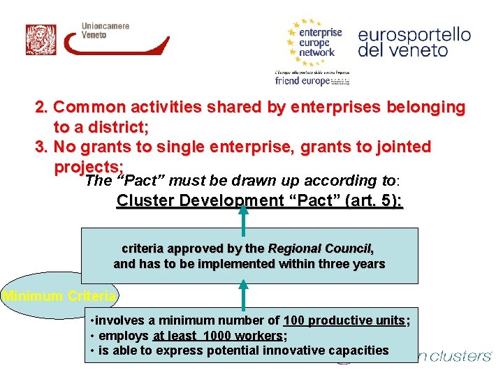 2. Common activities shared by enterprises belonging to a district; 3. No grants to