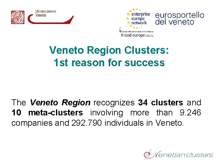 Veneto Region Clusters: 1 st reason for success The Veneto Region recognizes 34 clusters