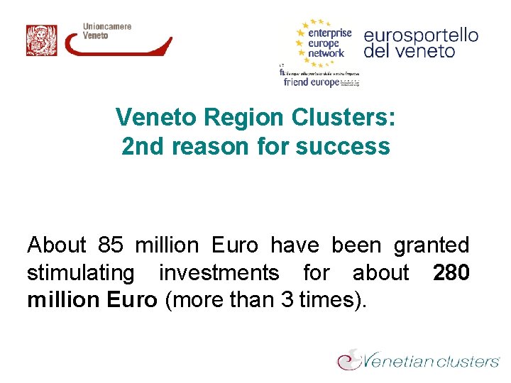 Veneto Region Clusters: 2 nd reason for success About 85 million Euro have been