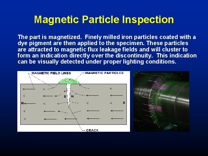 Magnetic Particle Inspection The part is magnetized. Finely milled iron particles coated with a