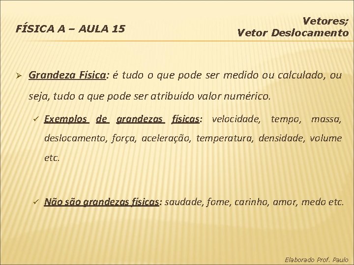 FÍSICA A – AULA 15 Ø Vetores; Vetor Deslocamento Grandeza Física: é tudo o