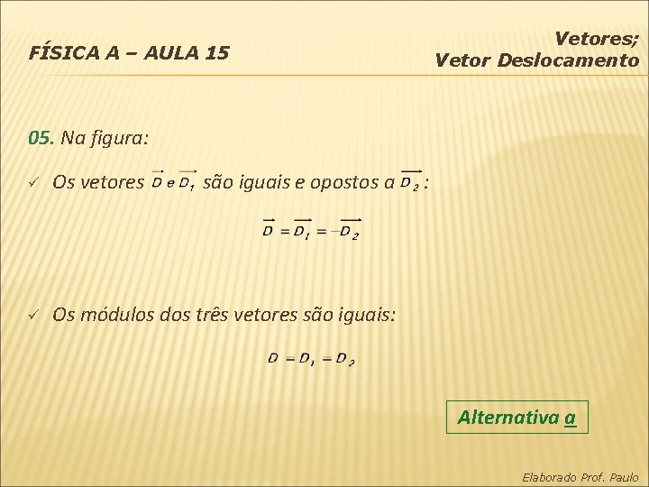 Vetores; Vetor Deslocamento FÍSICA A – AULA 15 05. Na figura: ü Os vetores