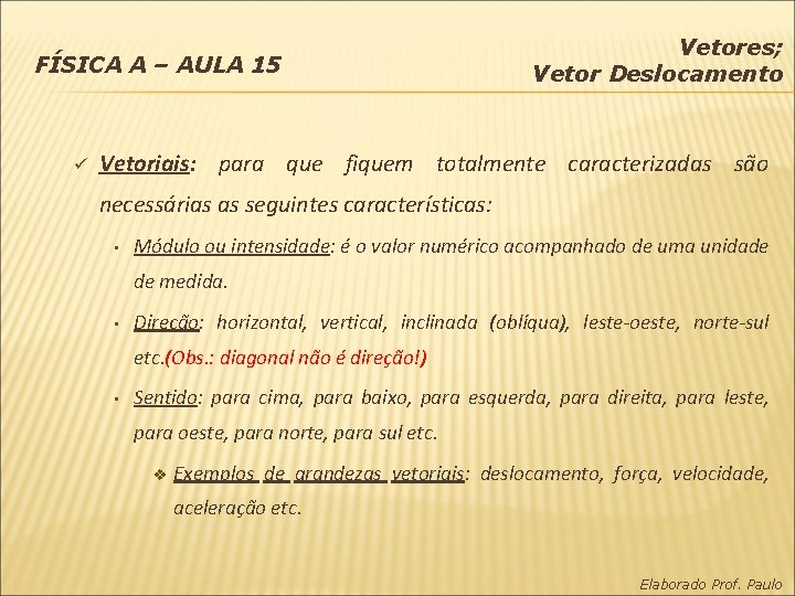 FÍSICA A – AULA 15 ü Vetores; Vetor Deslocamento Vetoriais: para que fiquem totalmente