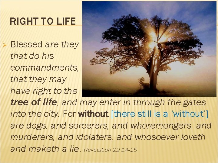 RIGHT TO LIFE Ø Blessed are they that do his commandments, that they may