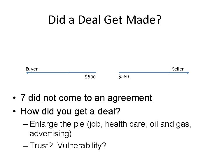 Did a Deal Get Made? Seller Buyer $500 $580 • 7 did not come Did a Deal Get Made? Seller Buyer $500 $580 • 7 did not come