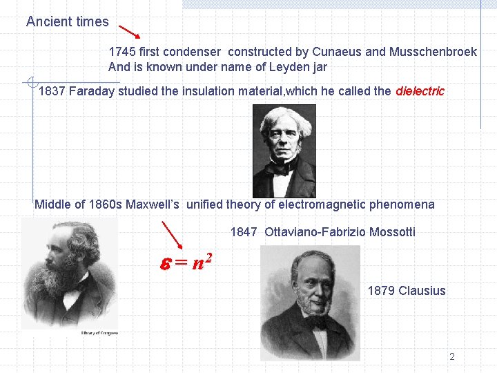 Ancient times 1745 first condenser constructed by Cunaeus and Musschenbroek And is known under