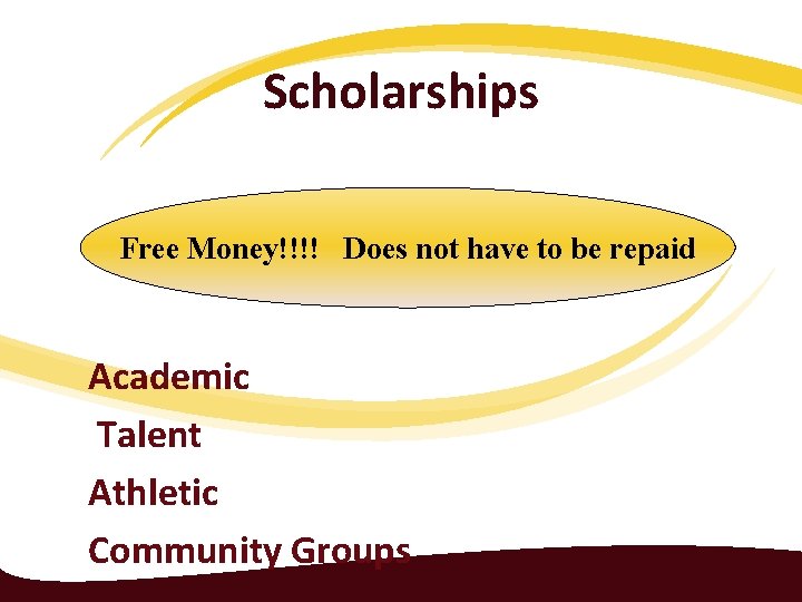 Scholarships Free Money!!!! Does not have to be repaid Academic Talent Athletic Community Groups