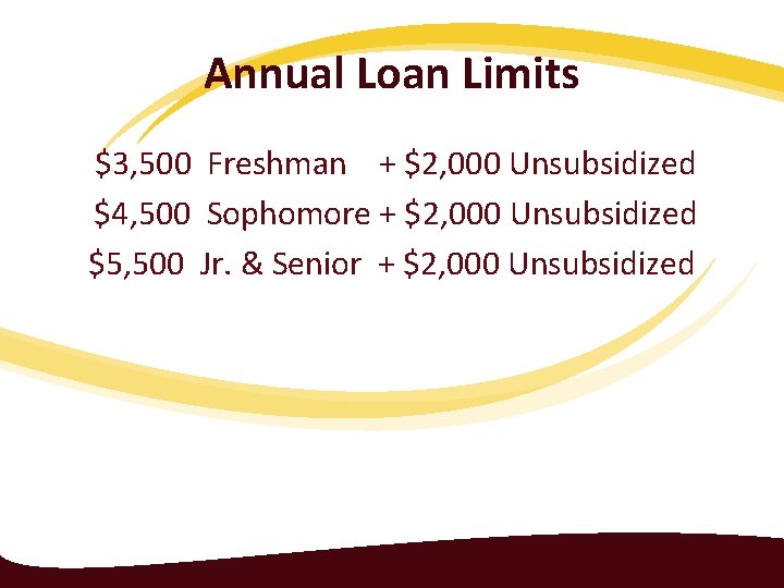 Annual Loan Limits $3, 500 Freshman + $2, 000 Unsubsidized $4, 500 Sophomore +