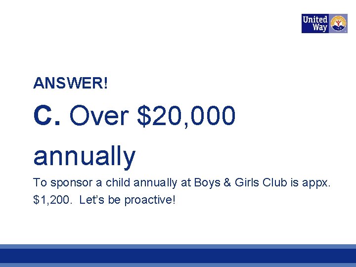 ANSWER! C. Over $20, 000 annually To sponsor a child annually at Boys &