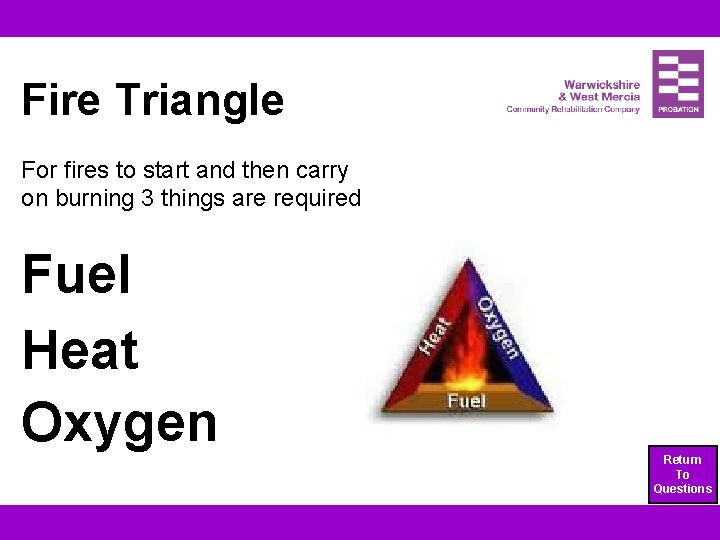 Fire Triangle For fires to start and then carry on burning 3 things are