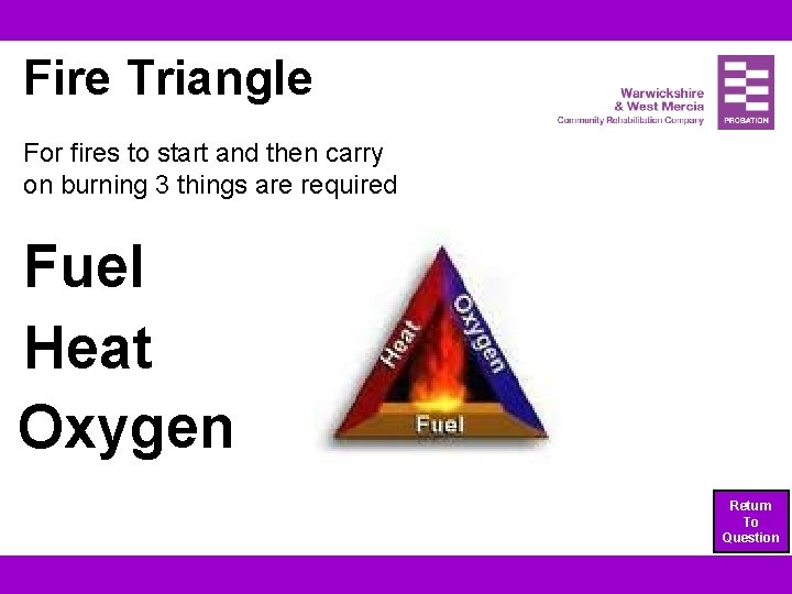 Fire Triangle For fires to start and then carry on burning 3 things are