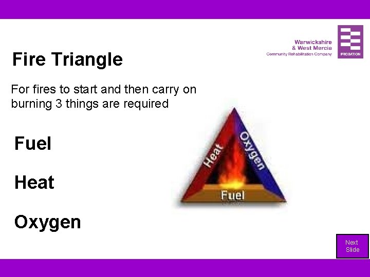 Fire Triangle For fires to start and then carry on burning 3 things are