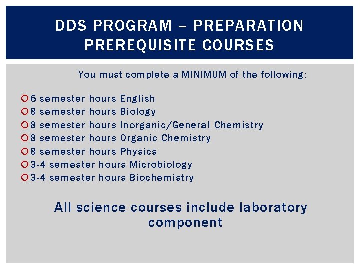 DDS PROGRAM – PREPARATION PREREQUISITE COURSES You must complete a MINIMUM of the following: