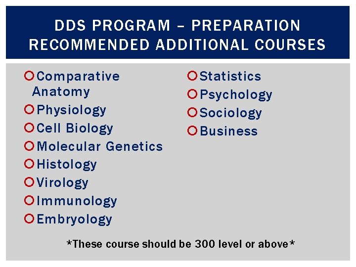 DDS PROGRAM – PREPARATION RECOMMENDED ADDITIONAL COURSES Comparative Anatomy Physiology Cell Biology Molecular Genetics