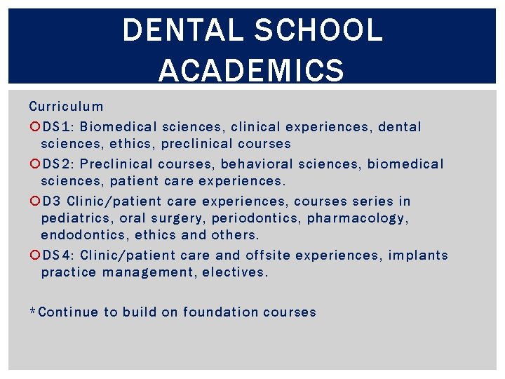 DENTAL SCHOOL ACADEMICS Curriculum DS 1: Biomedical sciences, clinical experiences, dental sciences, ethics, preclinical