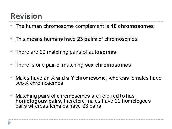 Revision The human chromosome complement is 46 chromosomes This means humans have 23 pairs