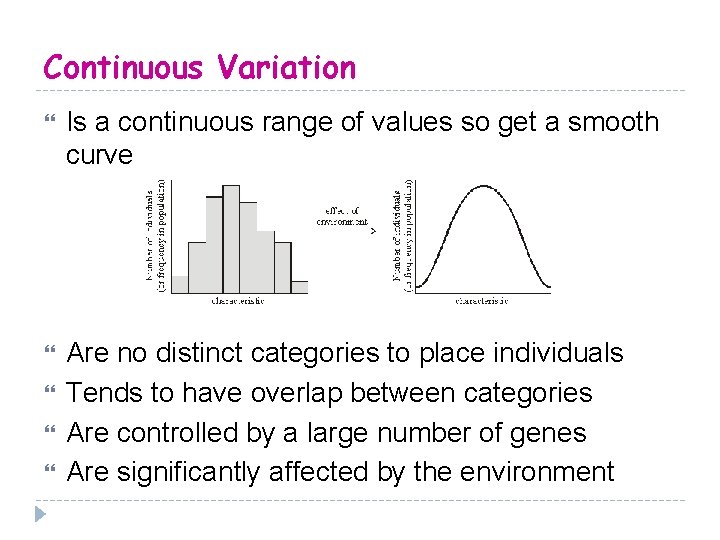Continuous Variation Is a continuous range of values so get a smooth curve Are