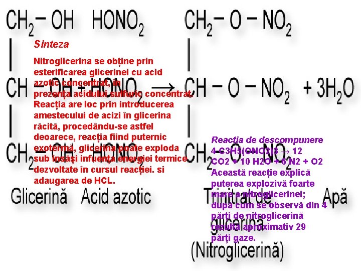 Sinteza Nitroglicerina se obține prin esterificarea glicerinei cu acid azotic concentrat, în prezența acidului