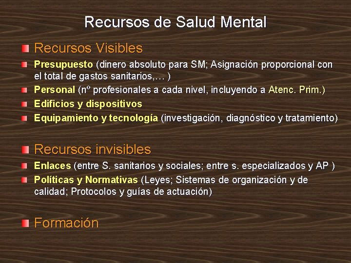 Recursos de Salud Mental Recursos Visibles Presupuesto (dinero absoluto para SM; Asignación proporcional con Recursos de Salud Mental Recursos Visibles Presupuesto (dinero absoluto para SM; Asignación proporcional con