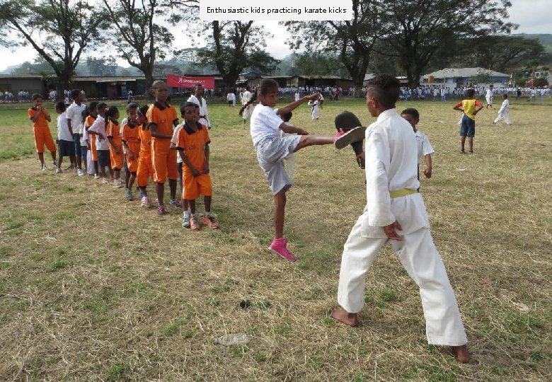 Enthusiastic kids practicing karate kicks 