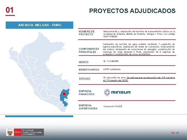 01 PROYECTOS ADJUDICADOS ANTAUTA- MELGAR – PUNO NOMBRE DE PROYECTO COMPONENTES PRINCIPALES Mejoramiento y