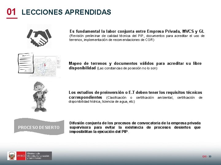 01 LECCIONES APRENDIDAS Es fundamental la labor conjunta entre Empresa Privada, MVCS y GL