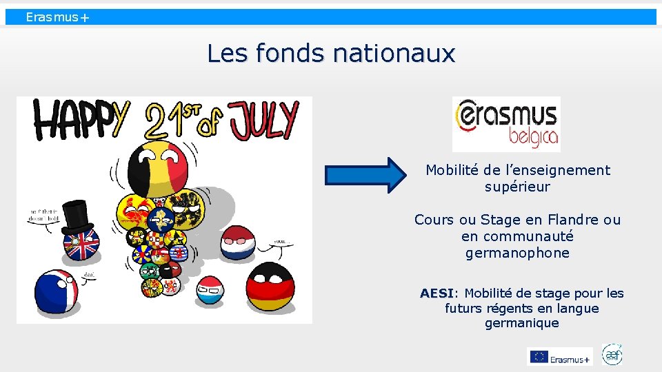 Erasmus+ Les fonds nationaux Mobilité de l’enseignement supérieur Cours ou Stage en Flandre ou