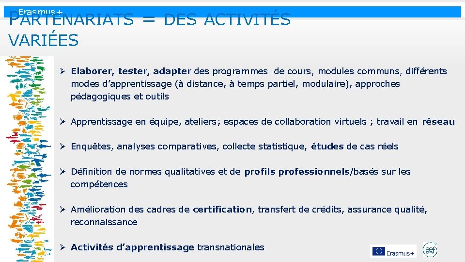 PARTENARIATS = DES ACTIVITÉS Erasmus+ VARIÉES Ø Elaborer, tester, adapter des programmes de cours,