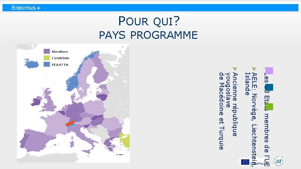 Erasmus+ POUR QUI? PAYS PROGRAMME Ø Les 28 Etats membres de l’UE Ø AELE: