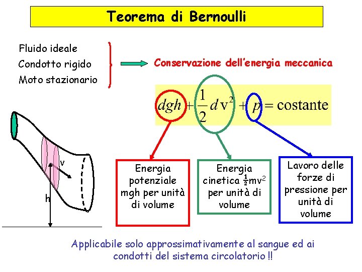 Teorema di Bernoulli Fluido ideale Condotto rigido Conservazione dell’energia meccanica Moto stazionario v h