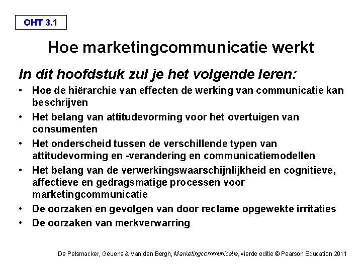 OHT 3. 1 Hoe marketingcommunicatie werkt In dit hoofdstuk zul je het volgende leren: OHT 3. 1 Hoe marketingcommunicatie werkt In dit hoofdstuk zul je het volgende leren: