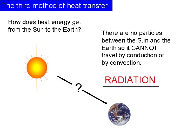 The third method of heat transfer How does heat energy get from the Sun