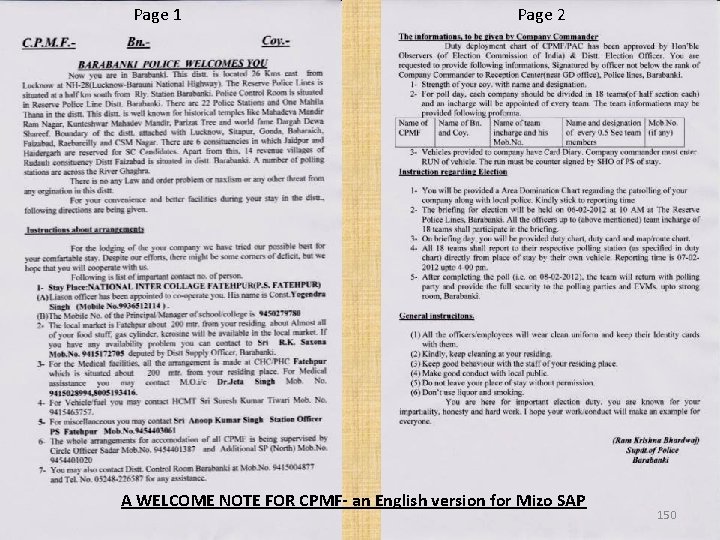 Page 1 Page 2 A WELCOME NOTE FOR CPMF- an English version for Mizo