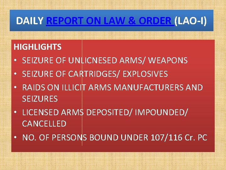 DAILY REPORT ON LAW & ORDER (LAO-I) HIGHLIGHTS • SEIZURE OF UNLICNESED ARMS/ WEAPONS