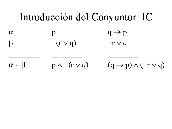 Introducción del Conyuntor: IC ____ p ¬(r q) ____ p ¬(r q) q p Introducción del Conyuntor: IC ____ p ¬(r q) ____ p ¬(r q) q p