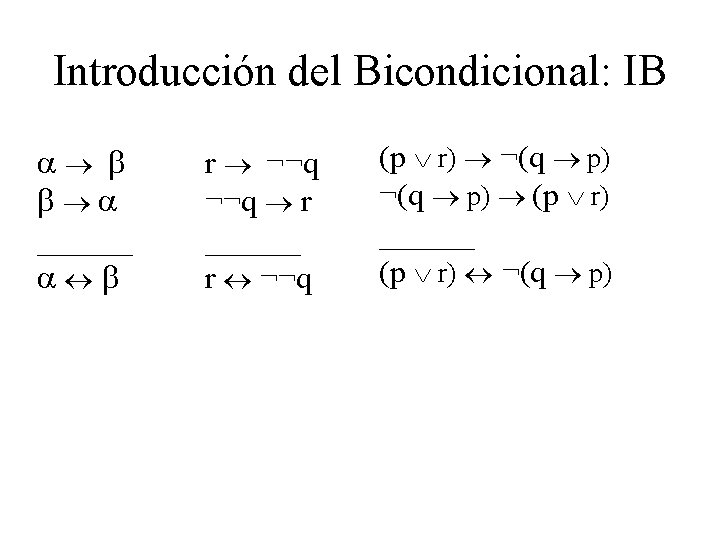 Introducción del Bicondicional: IB ______ r ¬¬q r ______ r ¬¬q (p r) ¬(q Introducción del Bicondicional: IB ______ r ¬¬q r ______ r ¬¬q (p r) ¬(q