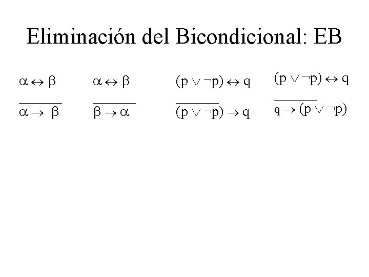 Eliminación del Bicondicional: EB ______ (p ¬p) q ______ q (p ¬p) Eliminación del Bicondicional: EB ______ (p ¬p) q ______ q (p ¬p)